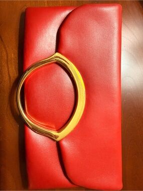 Vintage Red Leather Clutch with Gold Ring Handle